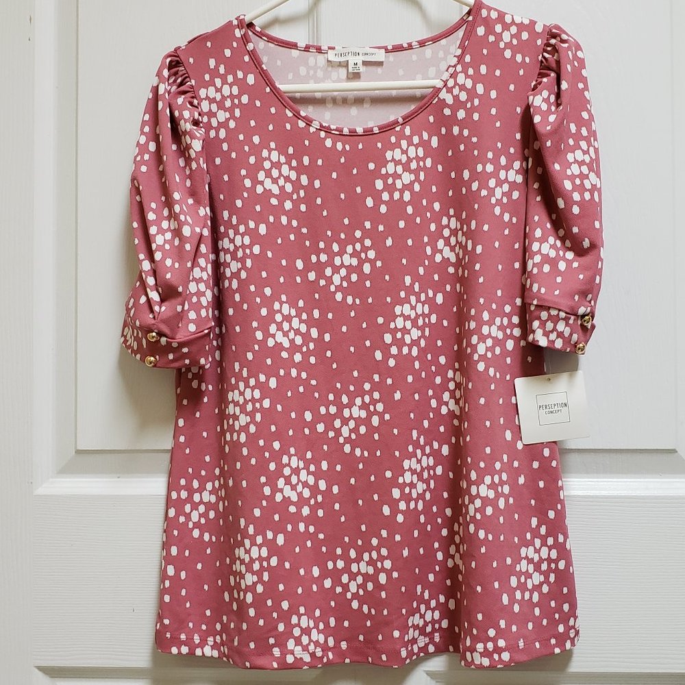 Perseption Concept Women's M Pink White Blouse Scoop Neck NWT